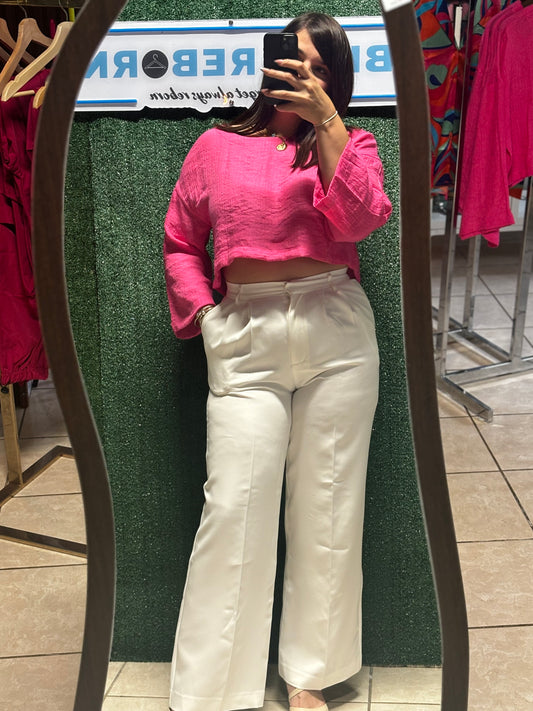 3/4 SLEEVE CROP TOP FUCHSIA