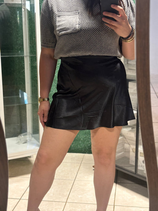 BLACK SATIN MIDI SKIRT