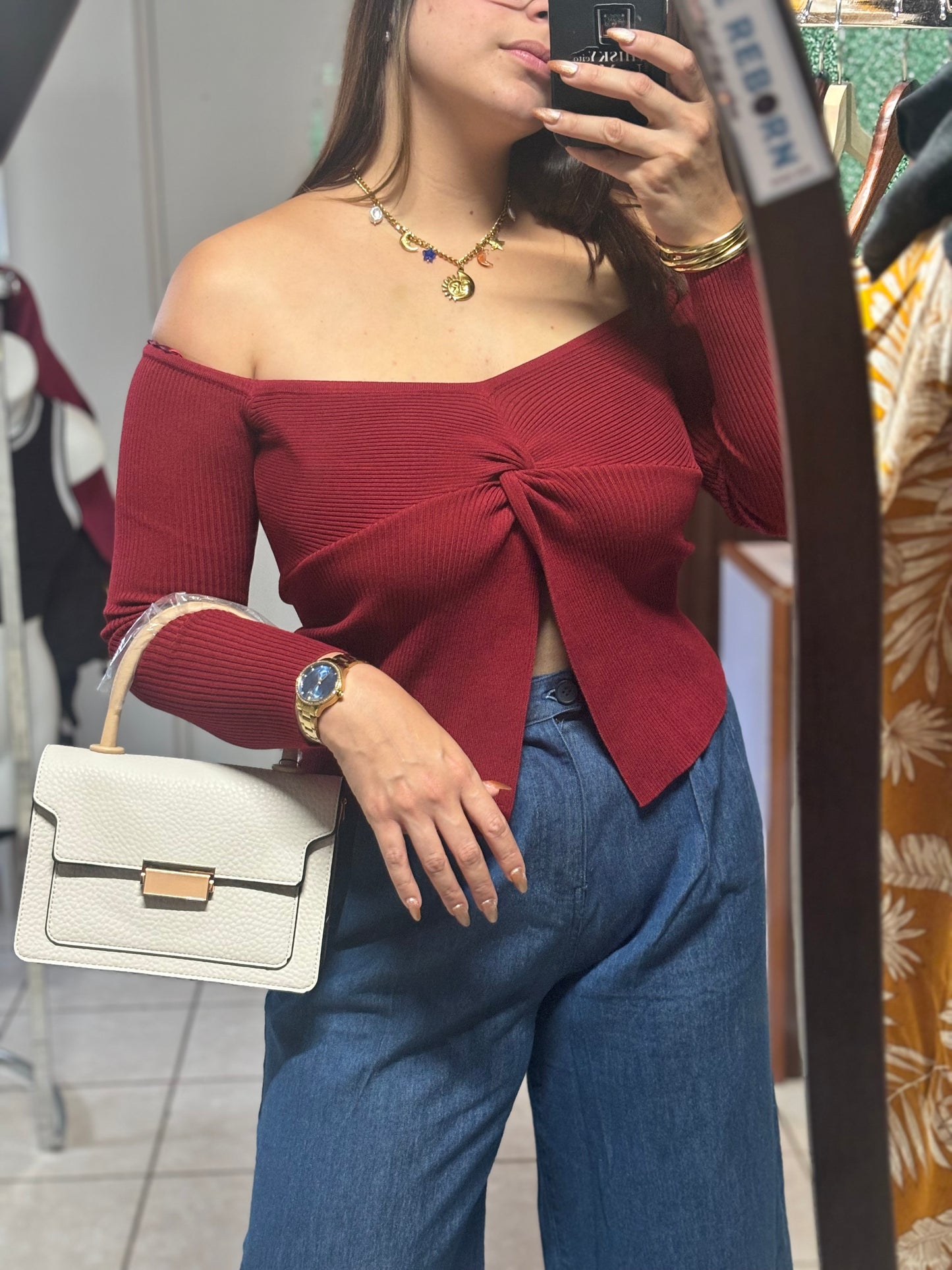 DEEP RED OFF SHOULDER SWEATER