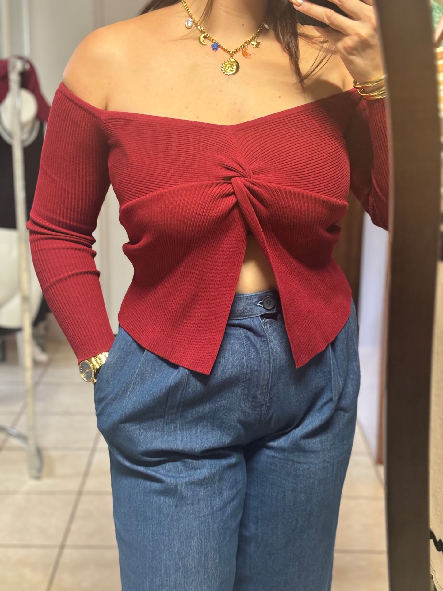 DEEP RED OFF SHOULDER SWEATER