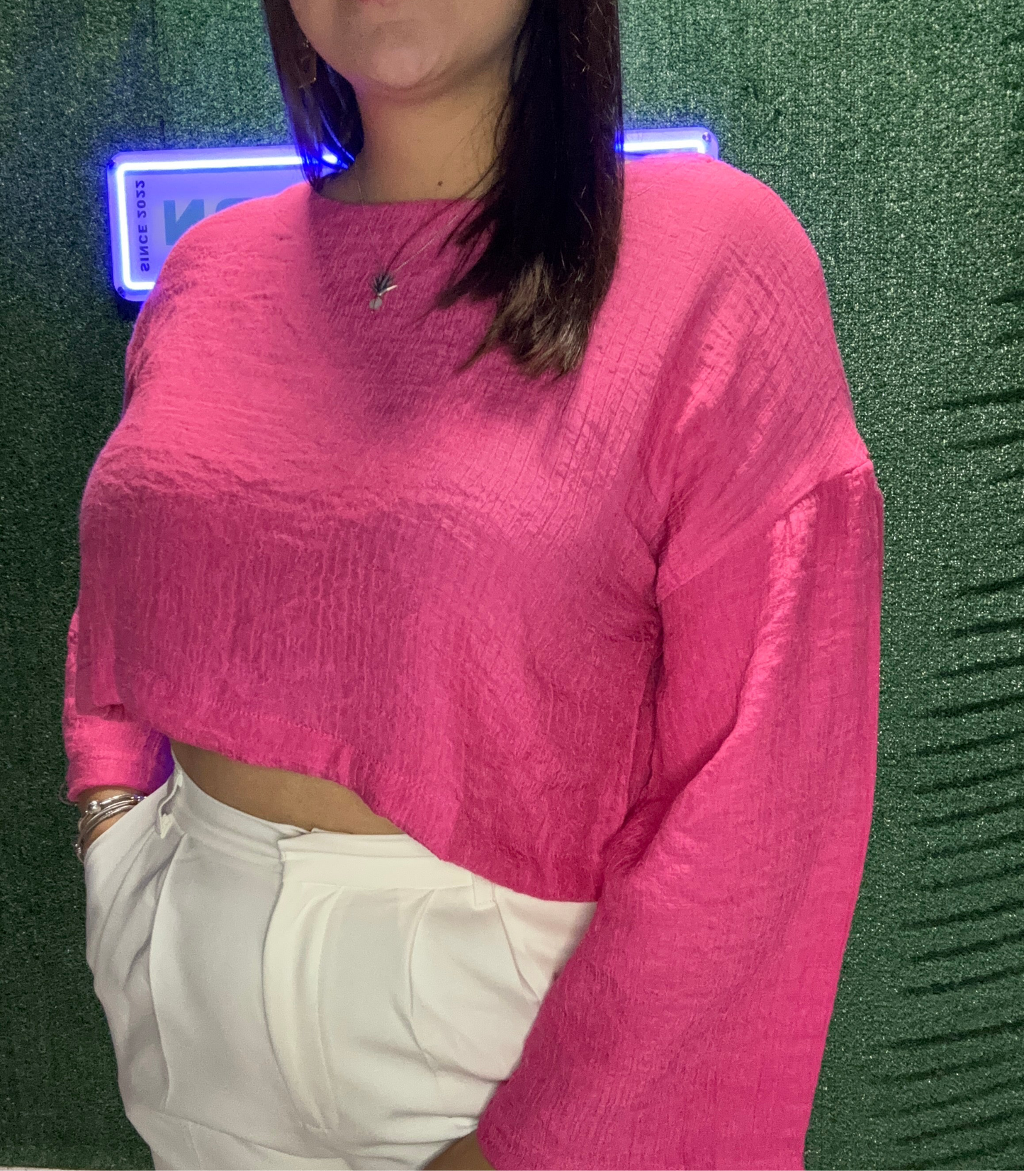 3/4 SLEEVE CROP TOP FUCHSIA